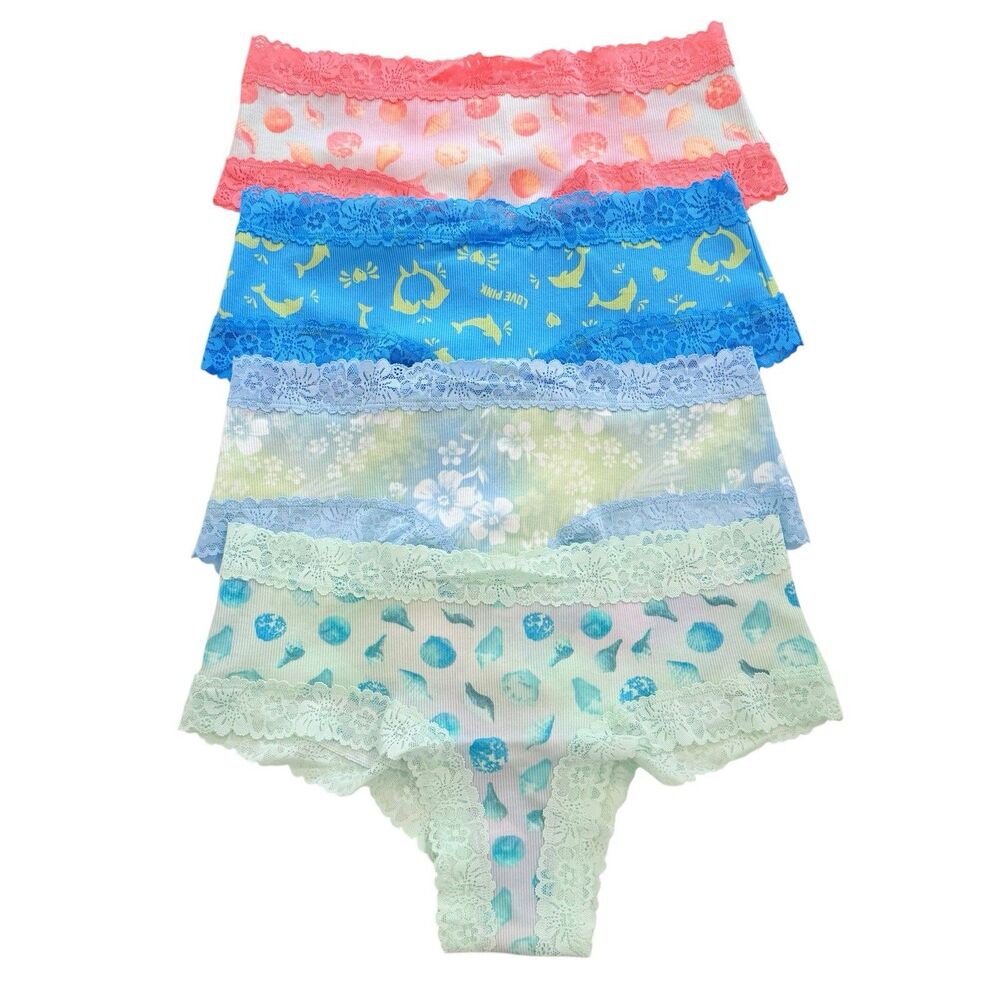 Victoria’s Secret PINK Cheeky Lace Panties Medium LOT OF 4 Beachcore Pastel Set